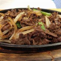 Bulgogi · Thinly sliced sirloin. Marinated in a sweet sauce and with a soy sauce base.