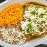 Enchiladas Verdes O De Mole Dinner (3) · Corn tortilla rolled around a filling and covered with green salsa or mole.  Side rice and b...