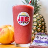 The Gnarly (24 Oz) · Pomegranate/Blueberry Juice, Açai Packet, Yogurt, Lime Sherbet, Pineapple, Peaches and Ice.