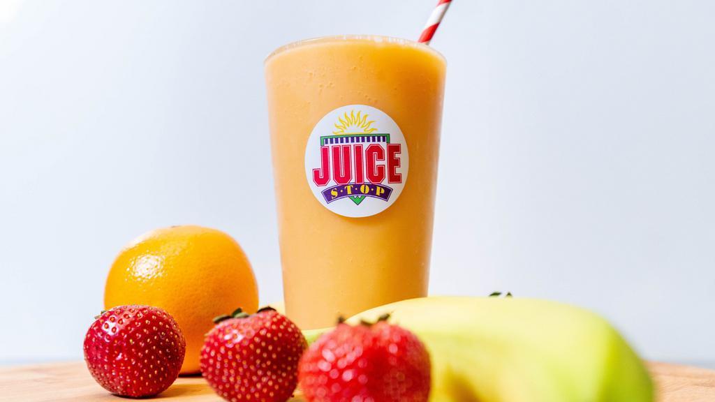 Slalom (24 Oz) · Orange Juice, Pineapple Juice, Orange Sherbet, Bananas, Strawberries and Ice.