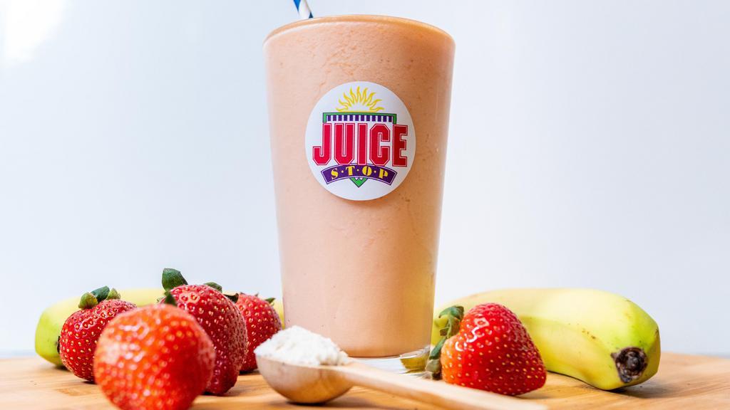 The Good Life (24 Oz) · Low Carb Strawberry-Kiwi Juice, Yogurt, Strawberries, Bananas, and Strawberry-Banana Whey Protein.