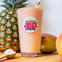 Tropical Shred (24 Oz) · Low Carb Strawberry-Kiwi Juice, Peaches, Pineapples, Mangos and Vanilla Whey Protein.