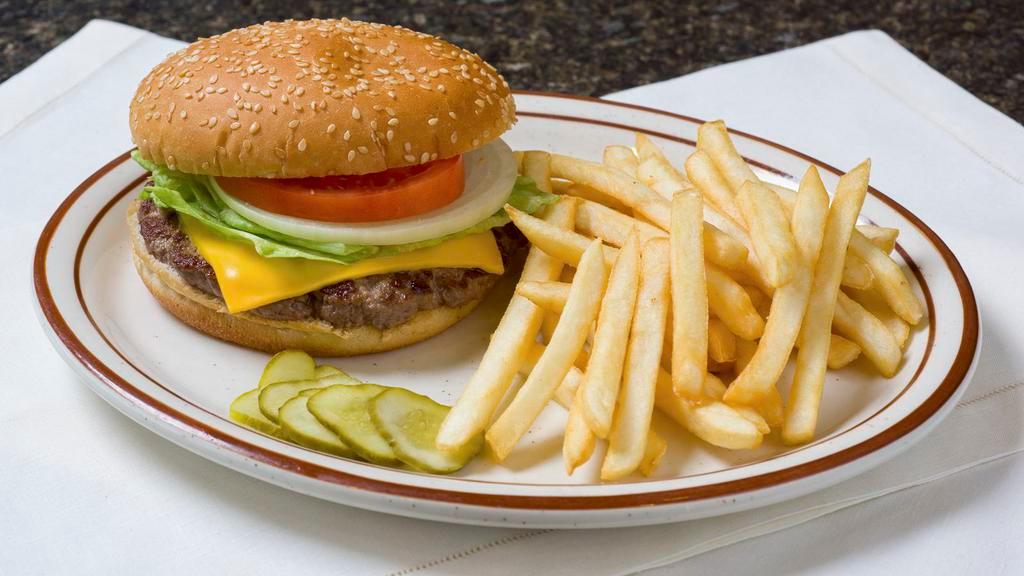 Cheeseburger (1/3 Lb.) · With your choice of swiss, American or cheddar cheese. One third lb Angus Beef. Served with lettuce, tomato, onion, and pickle.