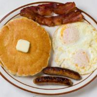 Kerbys Grand Breakfast · Two extra large eggs, two bacon, two sausage, and two pancakes.