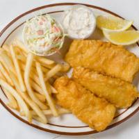 Fish & Chips (3 Pieces) · Atlantic cod. Includes pita and your choice of rice, fries or sautéed vegetables.