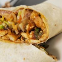 Burrito California · Big burrito filled with grilled fajita chicken or steak, rice, beans, lettuce, pico de gallo...