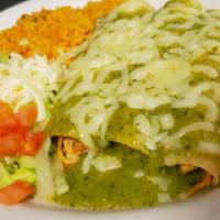 Enchiladas Verdes · Three chicken enchiladas with green sauce. Served with rice and guacamole salad.