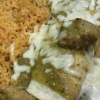 Burrito Chile Verde · Pork pieces tossed on chile Verde sauce and wrapped on a flour tortilla covered with salsa V...