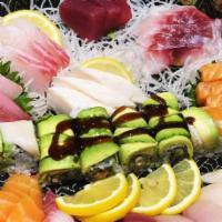 Love Boat · Ten pieces of assorted sushi and 18 pieces of sashimi, dragon roll and rainbow roll.
Thoroug...