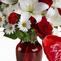 5 Love And Romance /  Annaversary  · Love and romance / Annaversary 
roses and lilys in a red vase  with i love you balloon