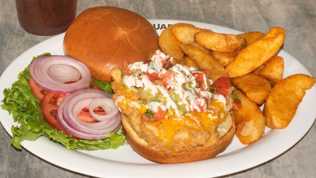 Spicy Chicken Sandwich · All-natural hormone-free chicken breast, fried or grilled chicken, spicy buffalo ranch sauce, cheddar cheese, guacamole, pico de gallo.