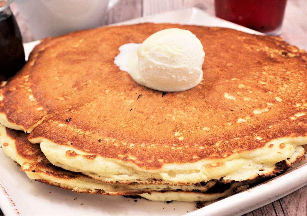 Pancakes · House blend buttermilk pancake mix, griddled until perfect. Served with syrup and whipped butter.