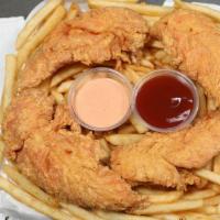 Chicken Tenders · Served with fries bread and coleslaw.