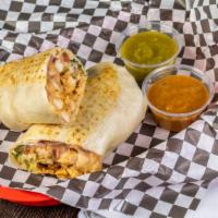 Gourmet Chicken Burritos · Chopped Grill chicken breast With Mexican cheese, Lettuce, Beans, Tomatoes, Sour cream.