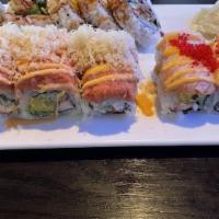 Sapporo Roll (8Pcs) · Hot & Spicy, Raw Fish. Crab, avocado, & cucumber topped with spicy tuna & tempura crunch w. ...