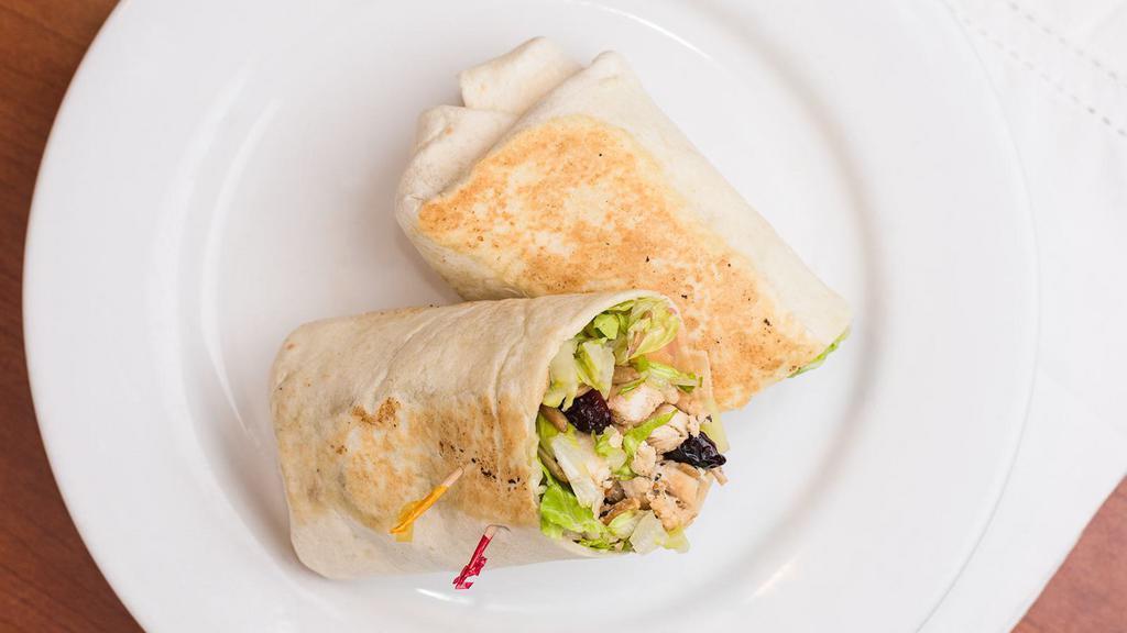 Cranberry Chicken Wrap · Grilled chicken with romaine lettuce, dreid cranberries, sunflower seeds, cucumber, and tomato.