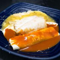 Bandera Mexico · A ground beef burrito with red sauce on top, A small chicken chimichanga with cheese dip on ...