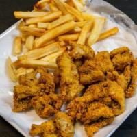 Fresh Catfish Nuggets · Served with fries.