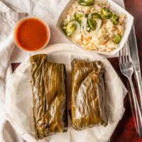 Salvadorean Tamales Order Of 2 · A dish made of corn flour dough then filled with chicken, green pepper, and our homemade red...