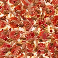 Carnivore  · A large thin, crispy crust loaded to the edge with pepperoni, ham, Italian sausage, and baco...