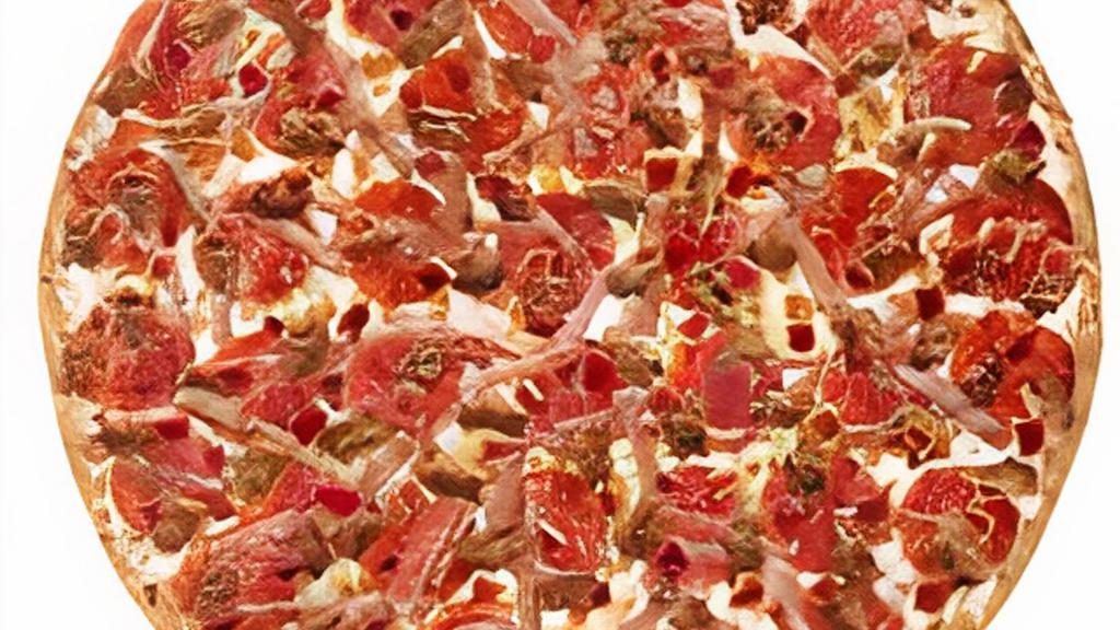 Carnivore  · A large thin, crispy crust loaded to the edge with pepperoni, ham, Italian sausage, and bacon. Sprinkled with garlic and herb seasoning and cut into 16 pieces.