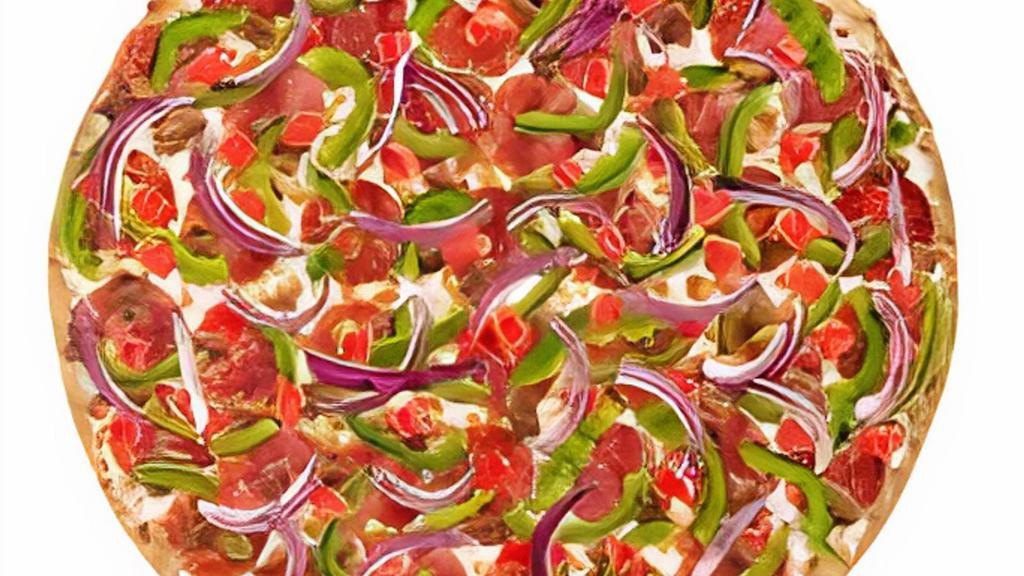 Ultimate  · A large thin, crispy crust loaded to the edge with pepperoni, Italian sausage, green bell peppers, red onions, and Roma tomatoes. Sprinkled with garlic and herb seasoning and cut into 16 pieces.