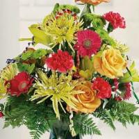 Birthday Stems & Streamers · It's a birthday party in a vase! Roses, Fuji mums, Asiatic lilies, carnations and Gerbera da...