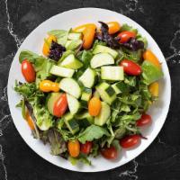 Garden Salad Of Eden · Fresh green lettuce mix, tomatoes, black olives, red onions, bell peppers, and shredded mozz...