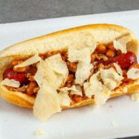 Baked Bean Dog  · topped with baked beans and choice of potato chips (Lays or Doritos)