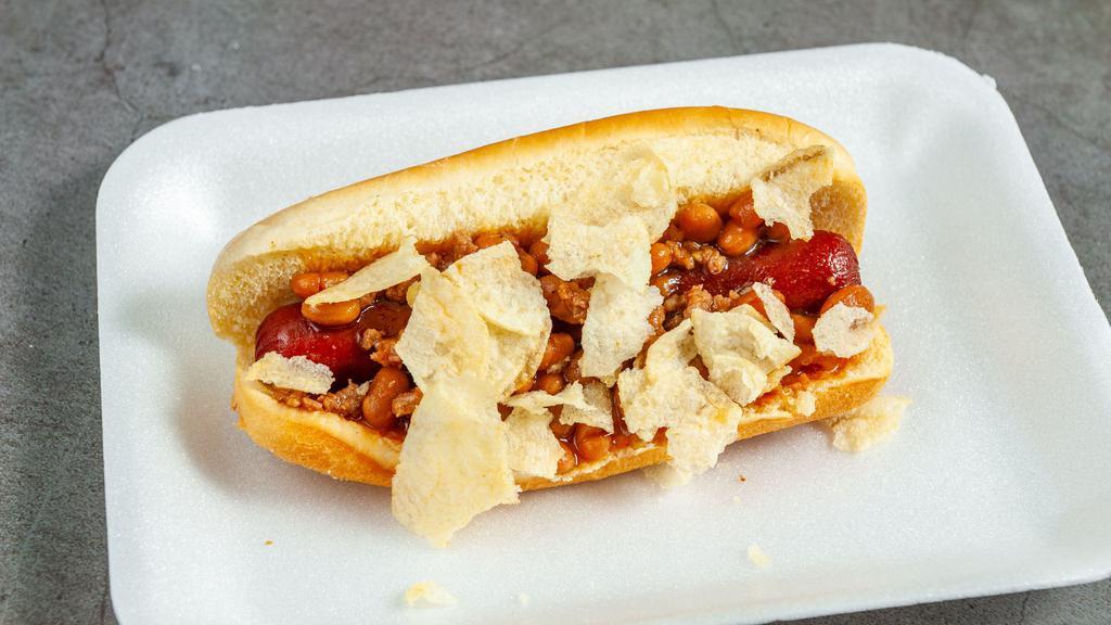 Baked Bean Dog  · topped with baked beans and choice of potato chips (Lays or Doritos)