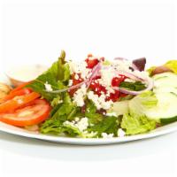 Greek Salad · Fresh mixed lettuces, tomatoes, cucumbers, roasted red peppers, red onions, feta, pepperonci...