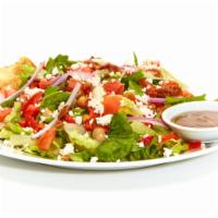 Mediterranean Salad · Fresh mixed lettuce with garbanzo beans, roasted red peppers, red onions, diced tomatoes, ca...