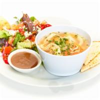 Greek Lemon Chicken Soup With Greek Salad · Bowl of our Lemon Chicken Soup with our Greek Salad. Fresh mixed lettuce, tomatoes, cucumber...