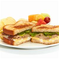 Turkey And Egg Sandwich · Mayo, melted Swiss, and mixed lettuce on toasted wheat bread.