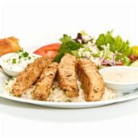Grilled Chicken Breast Feast · Served with Taziki sauce, a side Greek Salad, a Baked Pita Chip, and your choice of Roasted ...