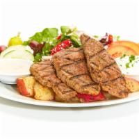Chargrilled Lamb Feast · Served with a side Greek Salad, a Baked Pita Chip, and your choice of Roasted New Potatoes o...