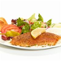 Grilled Tilapia Feast · Served with our original Caper-Dill Tartar sauce, a Greek Salad, and your choice of a Homema...