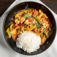 Gang Gai · Mild+. Thai red curry with coconut milk, bamboo shoots, bell peppers, mushrooms, and basil.
