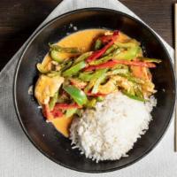 Pad Peanut Curry · Mild+. Thai red curry with coconut milk, peanut sauce, string beans, and bell peppers.