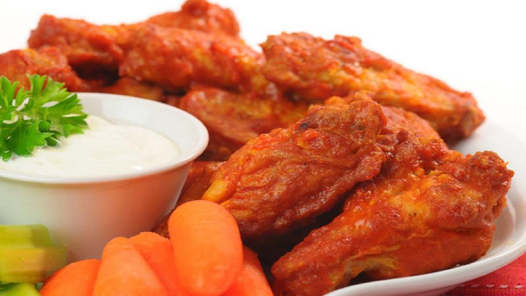 100 Wings Buffalo · Served with fries 
buffalo(hot)
OR
honey BBQ
