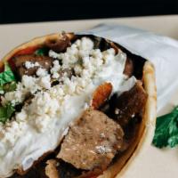 Loaded Great Greek Gyro · Beef/Lamb or Chicken, Lettuce, Tomatoes, Red Onions, Tzatziki, Feta cheese, Stuffed with Fre...