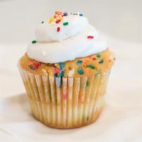 Birthday Cake · Vanilla cake with sprinkles baked inside and topped with vanilla buttercream and sprinkles.