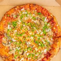 Veggie Pizza · Mushroom, onion, green pepper, green olive, extra cheese.