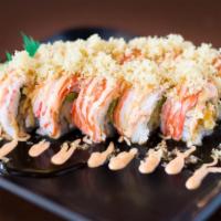 Badger Roll · Shrimp tempura, avocado, cream cheese topped with crab stick, teriyaki sauce, spicy mayo & c...