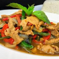 Pad Kra Prow · Stir-fried meat in homemade sauce with green bean, onion, bell pepper and basil.