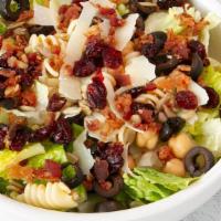 Hri Signature Salad · Romaine blend, marinated pasta, Parmesan, bacon, black olives, sunflower seeds, garbanzo bea...