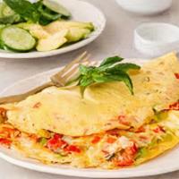 Veggie Omelette · Spinach, green peppers, mushroom, onion tomatoes and choice of cheese.  Topped with sliced a...