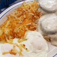 Brookside Favorite · Open face biscuit topped with two sausage patties, smothered in white gravy end served with ...