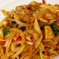 Drunken Noodle · Popular. Pan-fried noodles with choice of meat, hot basil,bell pepper,Mushroom and garlic in...