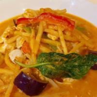 Red Curry · Served with your choice of meat with bamboo shoots, eggplant,bamboo shoot and basil with ric...